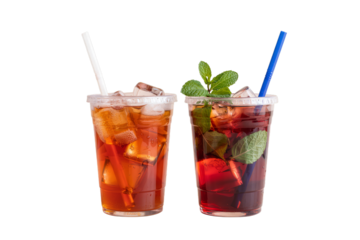 Two Iced Drinks in Plastic Cups with Straws and Garnishes