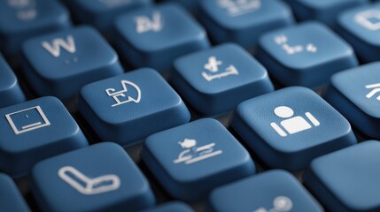 computer keyboard with accessibility and user interaction icons on blue keys