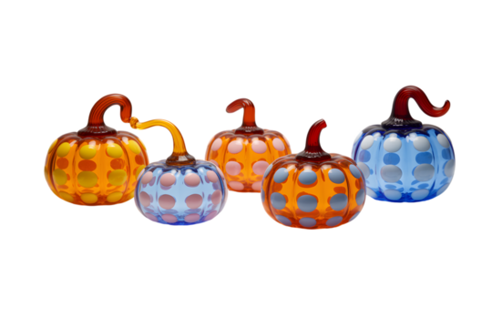Five colorful glass pumpkins with curly stems isolated on transparent background