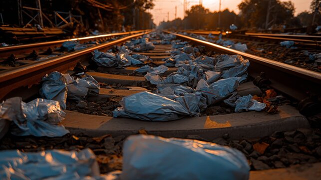 Railway tracks cluttered with plastic waste reflect environmental neglect in natural daylight