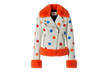 White leather biker jacket with orange fur trim and colorful polka dot embellishments, isolated on transparent background