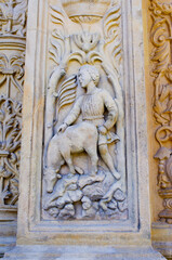 Shepherd with his sheep stone carving detail, Brzeg, Poland