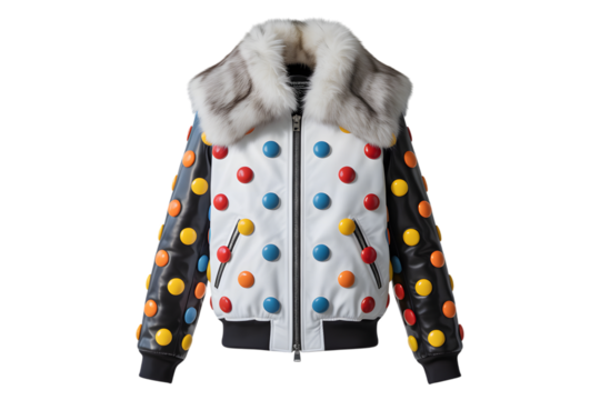 A unique and artistic bomber jacket with a fur collar and colorful polka dots, isolated on transparent background
