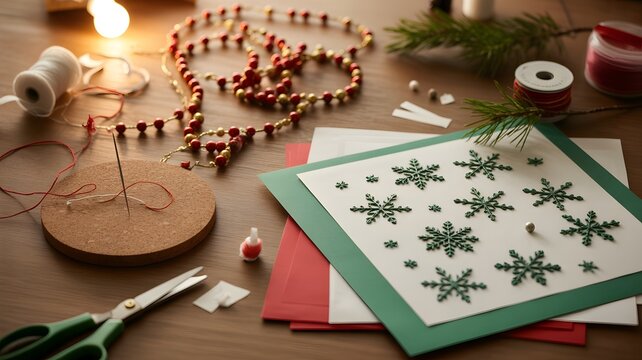 Christmas Card Making Scene – Festive DIY Holiday Crafting Flat Lay with Green Paper Snowflakes, Needlework, Red & Gold Beads, Scissors, Red String and Thread – Perfect for December Creative Projects