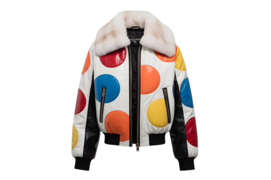 A colorful bomber jacket with large polka dots and a fur collar, isolated on transparent background