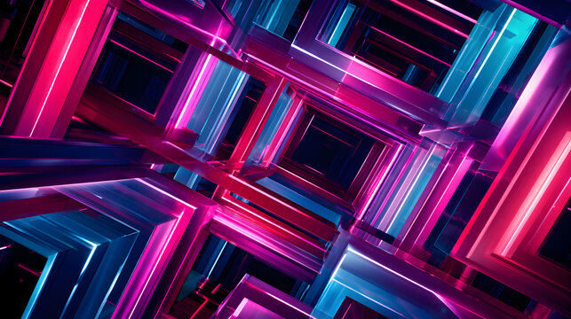 Experience the vibrant, futuristic digital tunnel with glowing neon lines creating a mesmerizing abstract geometric labyrinth of light and color. - Powered by Adobe