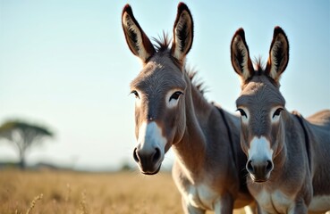 Fototapeta premium Two grey donkeys stand in a dry grassy field under a clear blue sky. Their large ears point upwards. One donkey looks directly at the camera. A lone acacia tree is visible in the far distance.