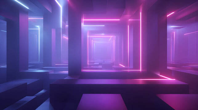 Immersive neon tunnel with glowing pink and blue abstract geometric shapes creating a futuristic digital cyberspace backdrop - Powered by Adobe