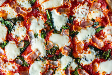 Pizza with bacon, tomatoes, spinach and cheese, close-up. Pizza textured background.