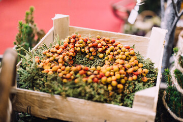 A wooden crate filled with orange and yellow berries arranged on a bed of evergreen clippings. Foraged holiday decor, natural crafting materials, botanical textures, sustainable ornamentation