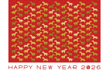 2026年午年年賀状 赤い和柄背景に馬模様