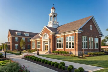 Brick Building With Classic Architecture and Well-Maintained Landscaping