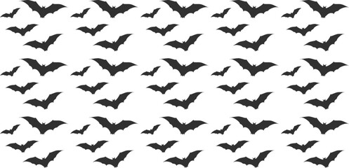 Pattern of flying bat silhouettes on a white background, perfect for Halloween, spooky designs, and decorations. Ideal for posters, wallpapers, and party graphics. Dark and eerie vector illustration.