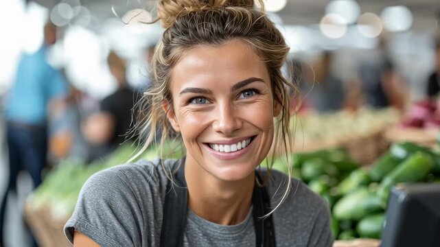 Happy female vendor smiling at farmers market surrounded by fresh vegetables - Powered by Adobe