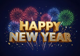 Happy new year greeting with golden and silver 3d letters against a backdrop of colorful fireworks and confetti, creating a festive atmosphere