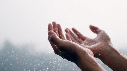 Cupped Hands Under Rainfall, Capturing Water Droplets in Motion for Hope and Care