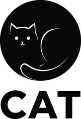 Cute minimalist cat silhouette logo, modern pet icon design in black circle, adorable feline mascot illustration for branding, sticker, label, and animal themed products
