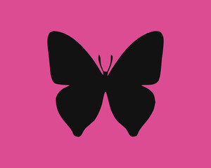Minimalist black butterfly silhouette on a vibrant pink background,  elegance and transformation. Perfect for wall art, logo design, or fashion print. Modern and bold aesthetic.