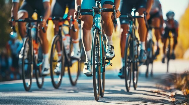 Close-up of a group of cyclists riding on an outdoor bike path