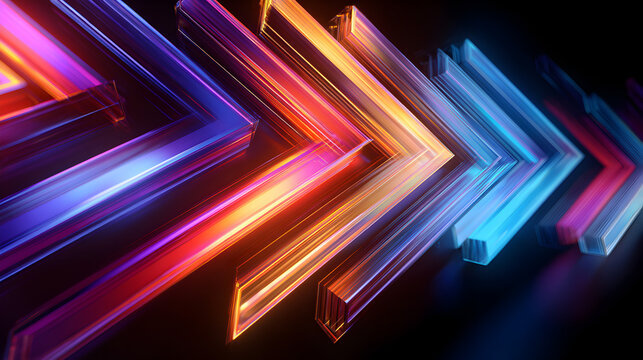 Dynamic abstract arrows in vibrant neon light convey forward momentum and technological progress, perfect for modern business concepts.