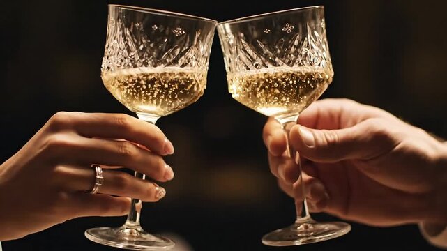 Elegant couple cheers with sparkling champagne in crystal flutes, celebrating a special moment with effervescent joy and refined taste.