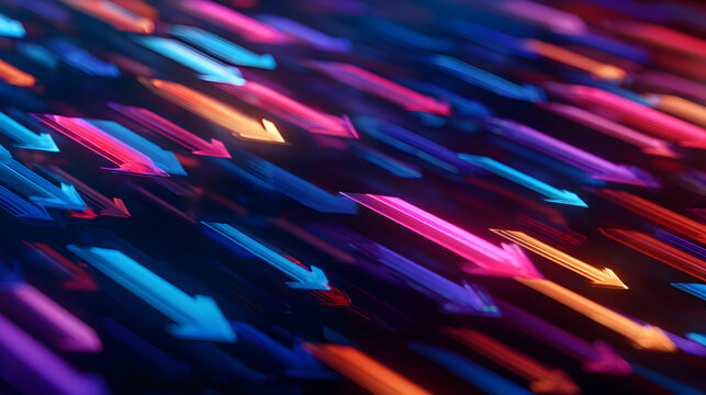 Dynamic neon arrows convey forward motion, progress, and digital transformation in a vibrant, energetic abstract background.