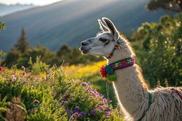 Naklejka premium Llama Enjoying a Sunny Day in a Colorful Meadow in the Mountains