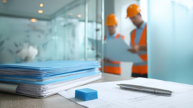 stack of blue project folders, technical blueprints, and a pen on an office desk, with two blurred construction engineers in orange vests reviewing plans in the modern glass-walled background.
