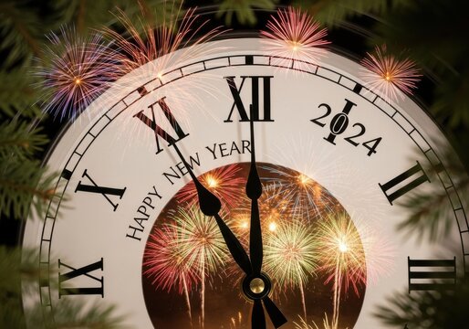 Close up of clock face showing almost midnight with fireworks and christmas tree branches for new year 2024 celebration and countdown - Powered by Adobe