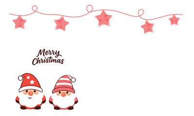 Cute Santa duo with pink star garland border vector, kawaii christmas illustration with space for text, perfect for greeting card, banner, and holiday template.