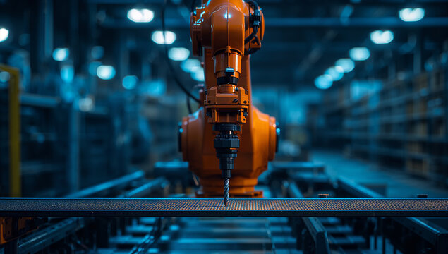 Robotic arm factory industrial conveyor belt metal machinery orange drill bit manufacturing workshop blurred background generative AI