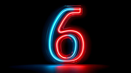 Vibrant neon number six glows with electric blue and fiery red light against a dramatic dark background, perfect for counting down or highlighting achievements.