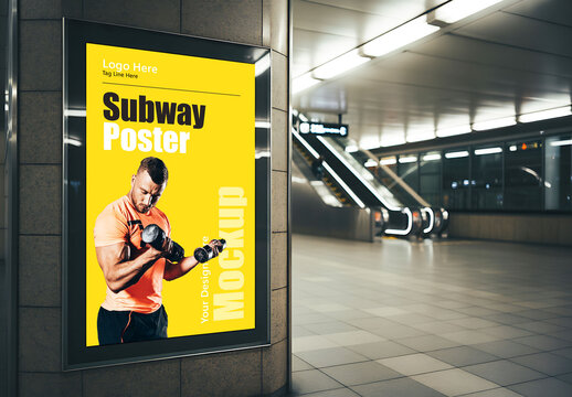 Subway Poster Billboard Mockup with Fitness Model in Underground Station