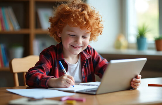 Happy ginger schoolboy studies online at home. Uses modern tablet, writes in notebook. Cute boy learns virtually, school tasks with digital tech. Kid sits at desk, focused on e-learning lesson, - Powered by Adobe