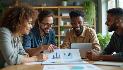 Young diverse team discusses business report at an office meeting. Multiethnic colleagues analyze marketing data using charts and laptop. Coworkers collaborate on new creative startup project.