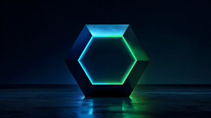 Captivating hexagonal prism glows with vibrant neon blue and green light, reflecting on a wet, dark surface, evoking futuristic technology and innovation.