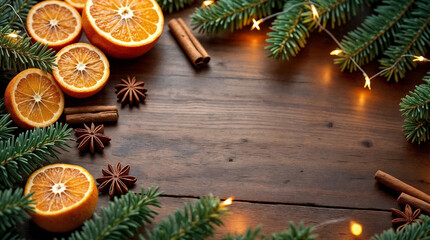 Cozy Christmas composition with dried oranges and cinnamon on wooden background