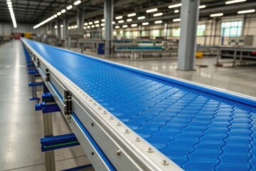 Long Blue Conveyor Belt in a Modern Factory Setting During Daytime