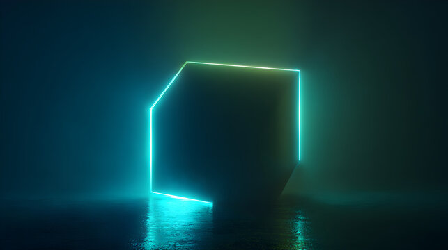 Modern geometric neon light portal glowing with vibrant turquoise and green hues on a dark reflective surface