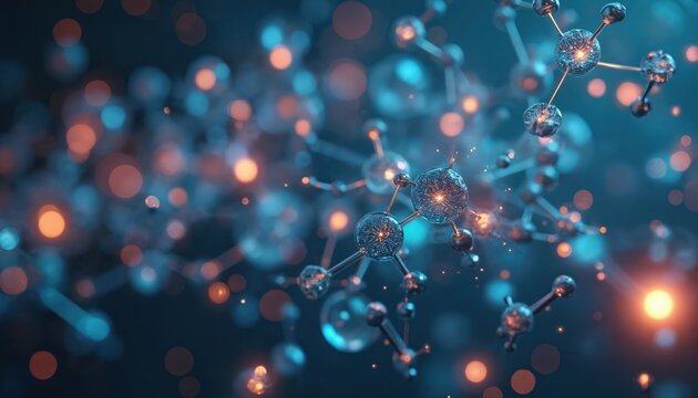 Digital molecular structure glows with blue, orange light on dark background. Complex chemical bonds show advanced science research, bio tech, modern innovation. AI creates futuristic medicine