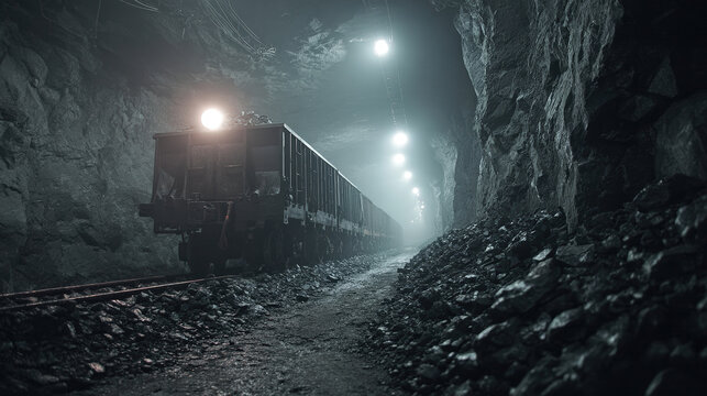 Industrial mining train carrying coal through dark tunnel with wet rocky walls under artificial light. Concept of energy production and underground logistics