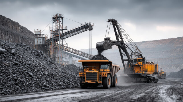 Heavy machinery operates at coal mining site: dump trucks and cranes move bulk material against backdrop of rocky terrain and overcast sky. Concept of industrial mining operations.