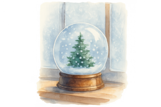 Snow globe with a christmas tree inside on a wooden surface, snow falling in watercolor holiday illustration - Powered by Adobe