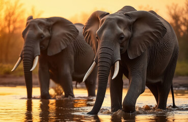 Fototapeta premium Two large African elephants wade through calm river water at golden sunset. Wild animals step slowly, enjoying warm light. Move through watering hole during safari adventure in wild nature habitat in