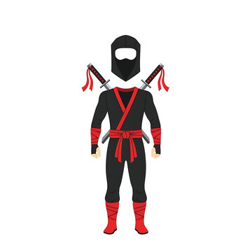 Full view of a black ninja costume with red accents, two swords on back, and red boots, isolated on white background