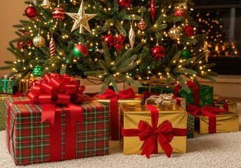 Festive christmas tree adorned with gifts and lights