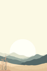 Minimalist landscape illustration of soft green hills and dry meadow at sunrise. Calm and serene nature artwork symbolizing peace, simplicity, and harmony.