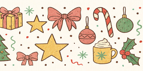 Christmas hand drawn vintage elements set in line sketch style. Christmas tree, gift, stars, pink bows, candy cane, baubles, cacao, snowflake, holly. Whimsical holiday decor. Vector illustration. 