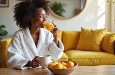 Fototapeta premium Young African American woman drinks fresh orange juice. Wears white robe, relaxes at home in warm morning light. Bowl of oranges, mug sit on table. Woman smiles, enjoys healthy breakfast drink.