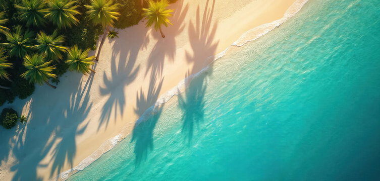 Aerial view of pristine tropical beach. Golden sand meets clear turquoise ocean water. Rich green palm trees cast long shadows across shore. Gentle waves lap coast, creating serene, peaceful scene.